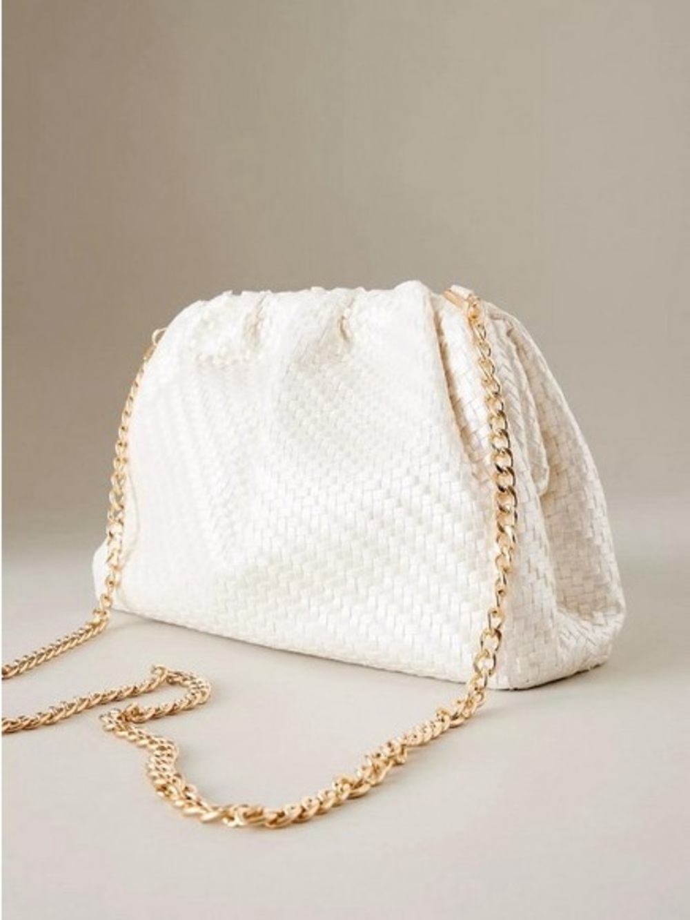 Anthropologie Cream Woven Clutch with Gold Chain